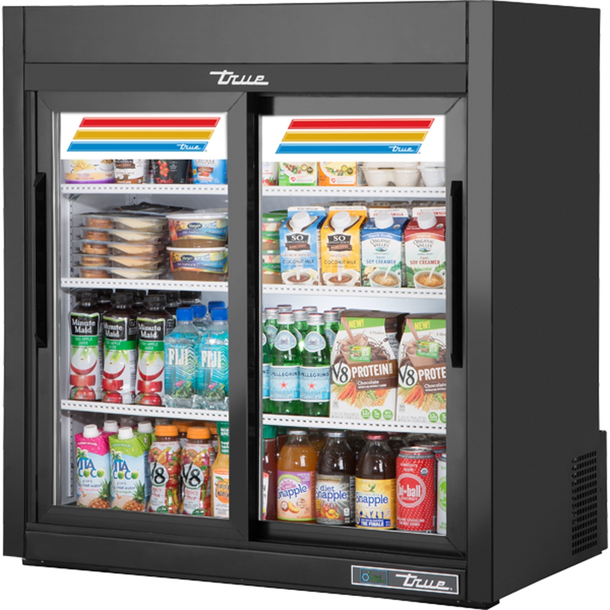 True GDM-09-SQ-HC-LD black countertop merchandiser refrigerator with two sliding glass doors stocked with beverages and packaged foods