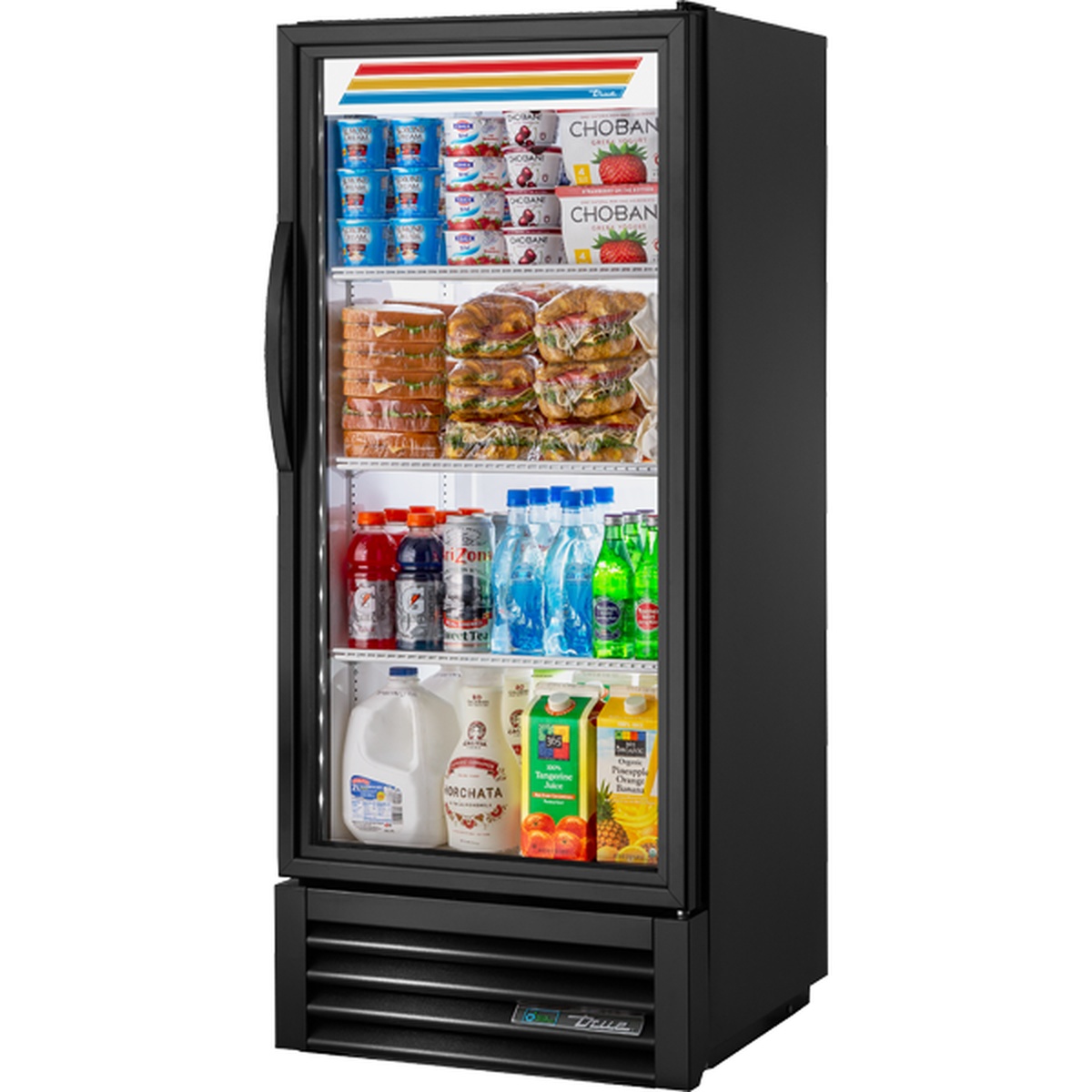 True GDM-10-58-HC~TSL01 black glass door refrigerated merchandiser stocked with beverages, sandwiches, and dairy products