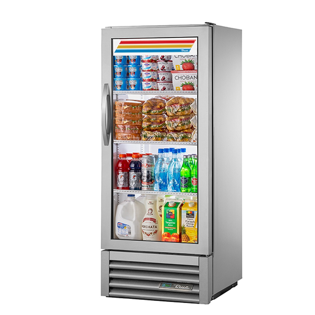 True GDM-10-58-HC~TSL01 stainless steel glass door refrigerated merchandiser stocked with beverages, sandwiches, and dairy products
