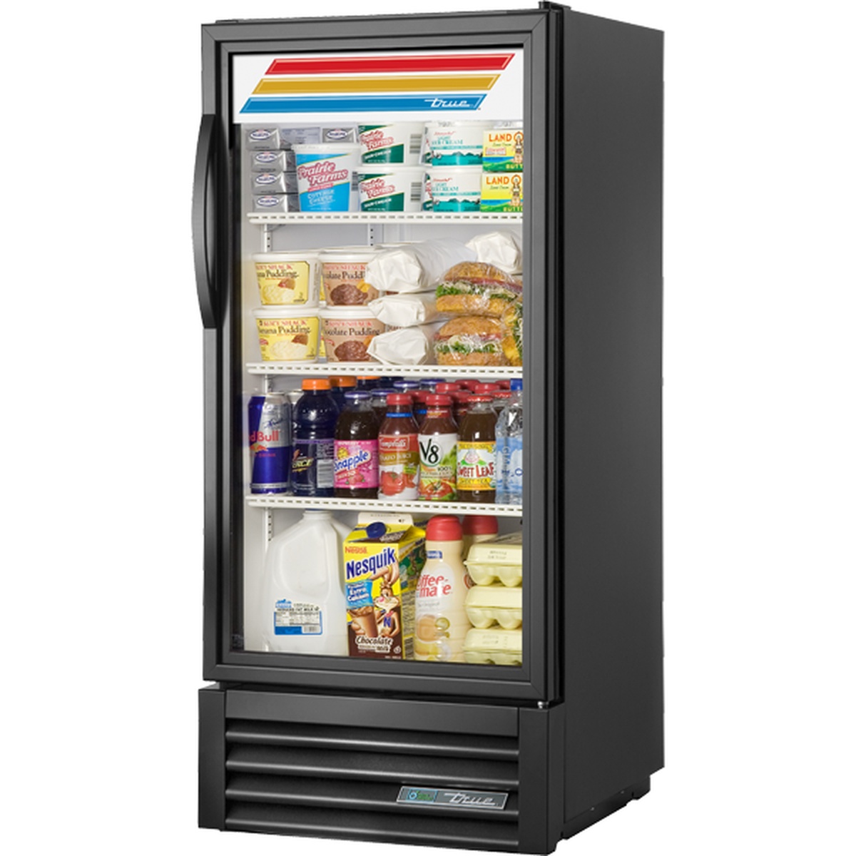 True GDM-10-HC~TSL01 single swing glass door merchandiser refrigerator with black exterior, stocked with beverages, dairy and food on three shelves