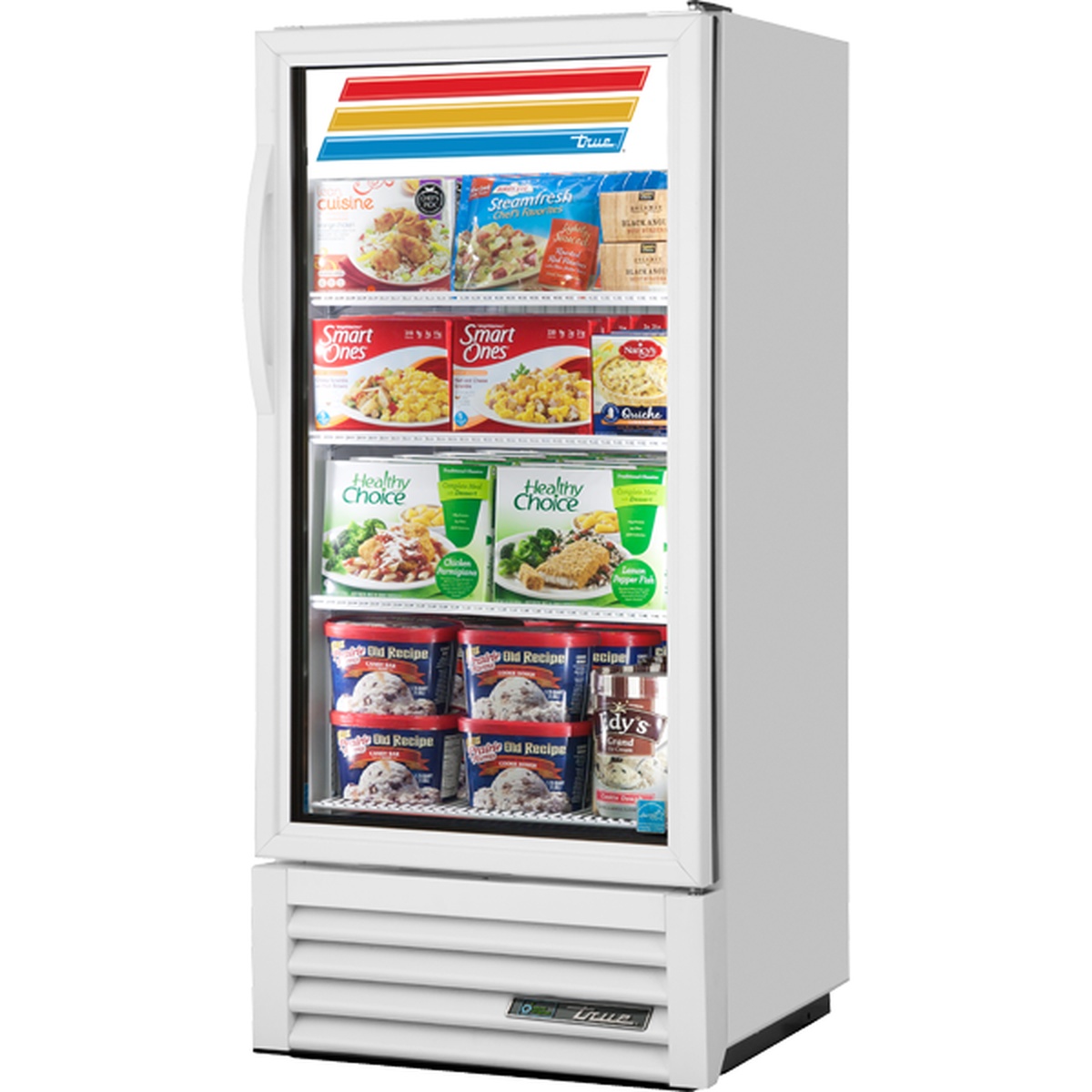 True GDM-10F-HC~TSL01 single-section glass door merchandiser freezer stocked with frozen food products