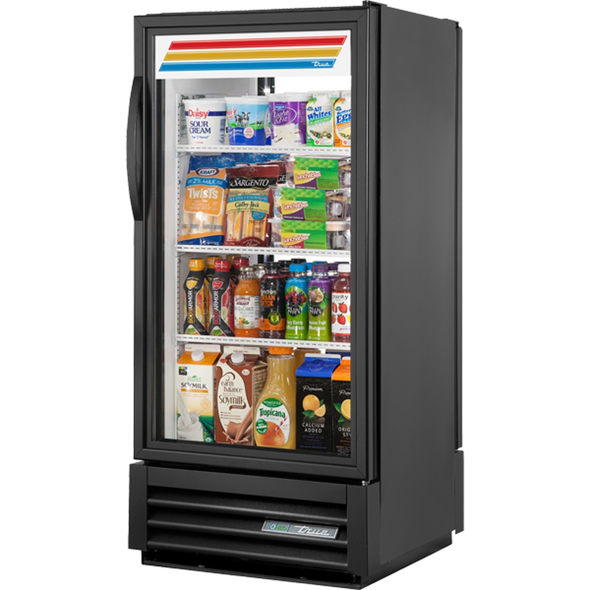 True GDM-10PT-HC~TSL01 black exterior pass-thru refrigerated merchandiser stocked with beverages and dairy products