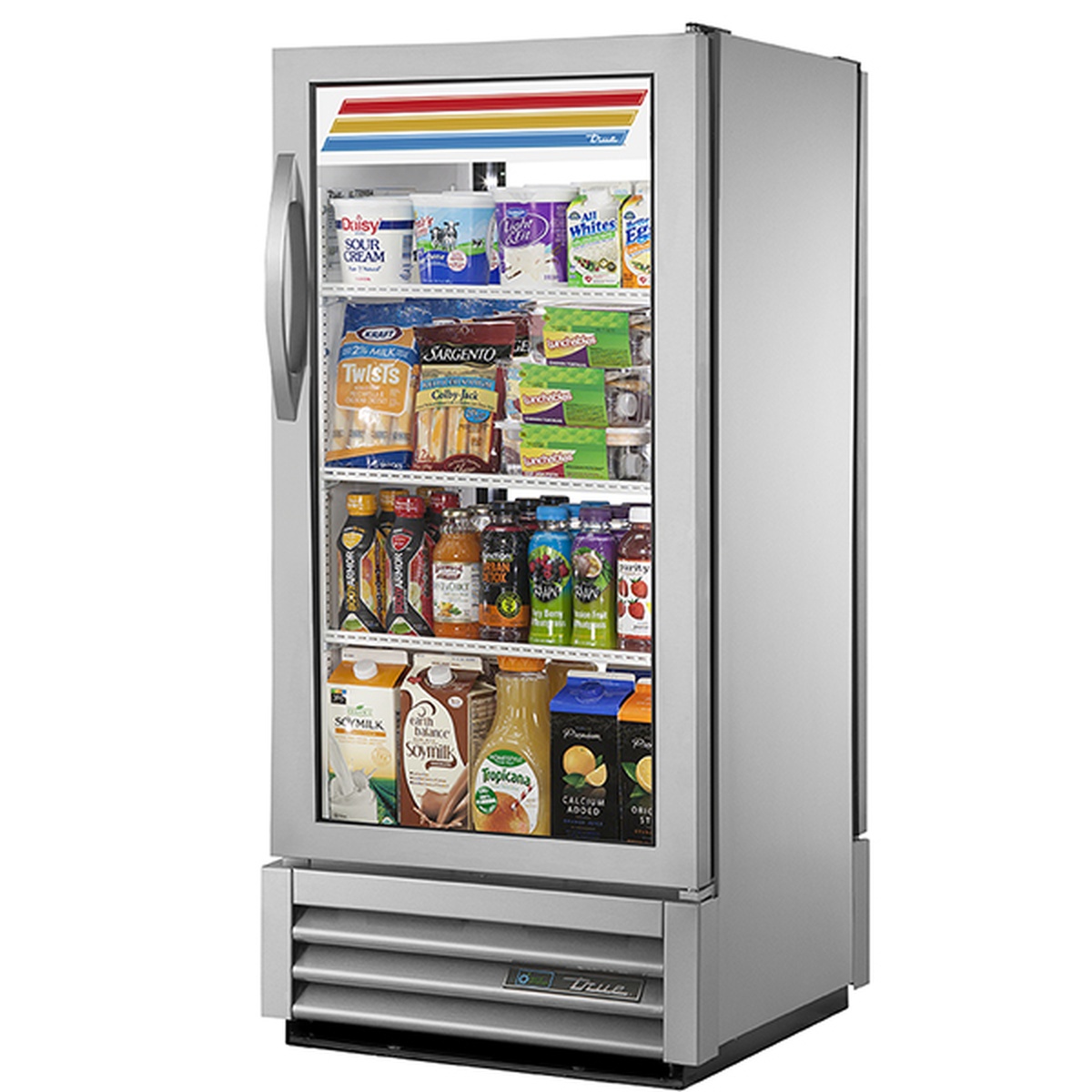True GDM-10PT-HC~TSL01 stainless steel exterior pass-thru refrigerated merchandiser stocked with beverages and dairy products