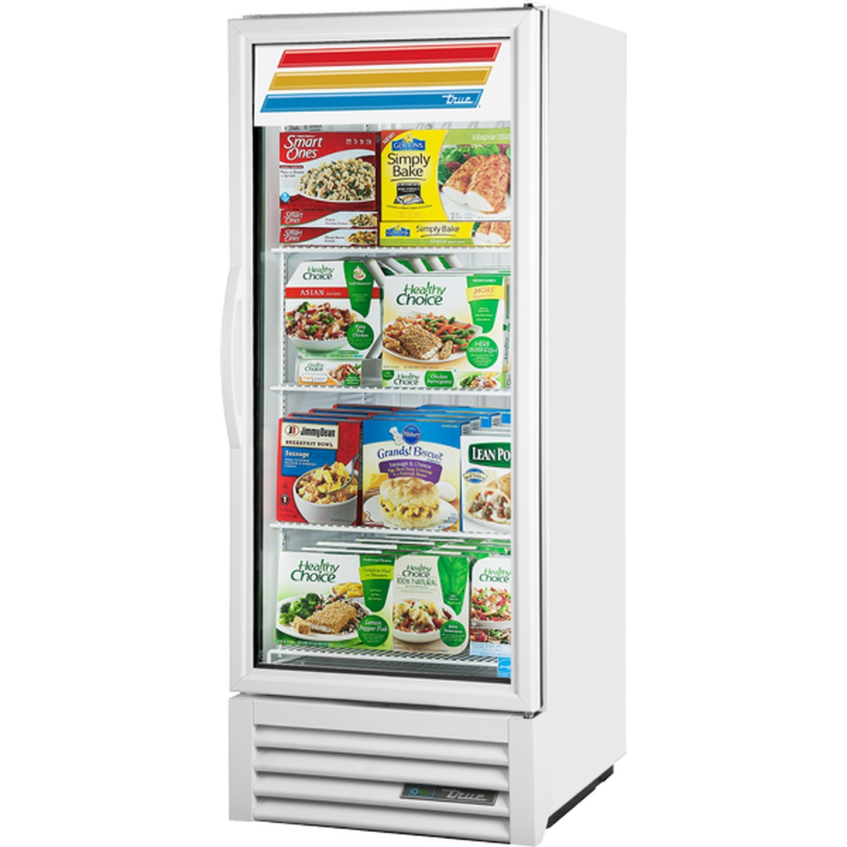 True GDM-12F-HC~TSL01 one-section white glass door merchandiser freezer stocked with frozen food products