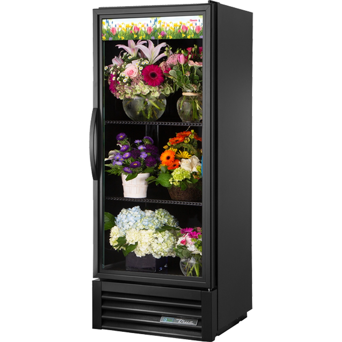True GDM-12FC-HC~TSL01 black floral merchandiser cooler with single swing glass door displaying flower arrangements on adjustable wire shelves