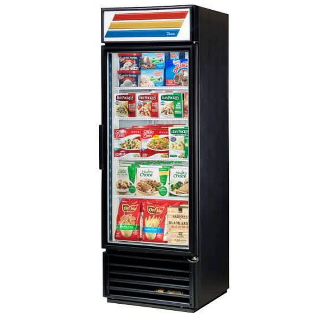 True GDM-19T-F~TSL01 black glass door merchandiser freezer fully stocked with frozen food items