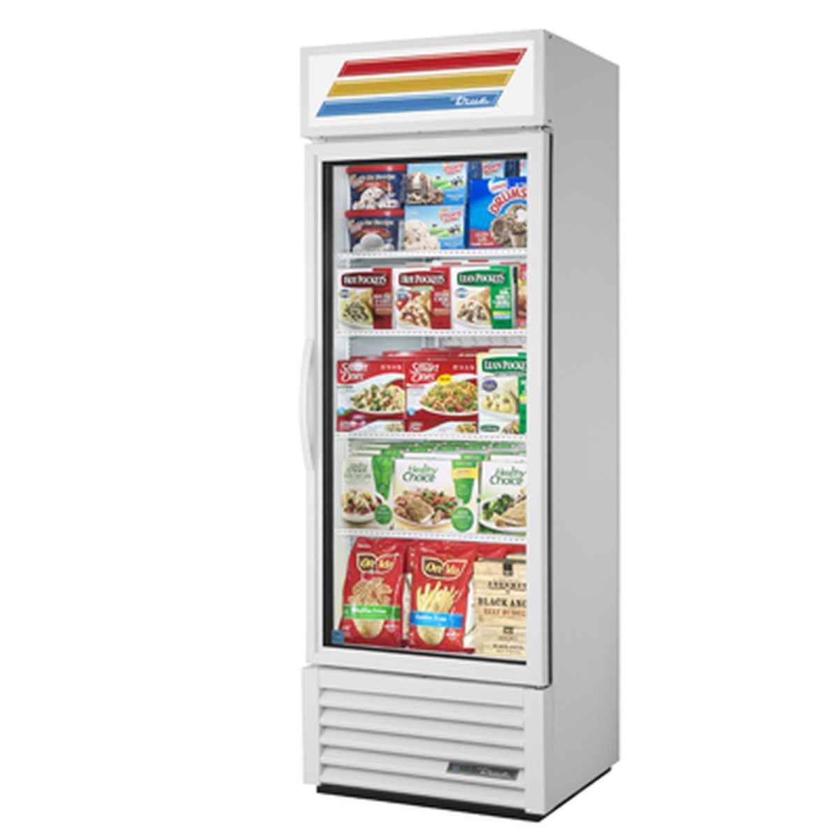 True GDM-19T-F~TSL01 white glass door merchandiser freezer stocked with frozen food products
