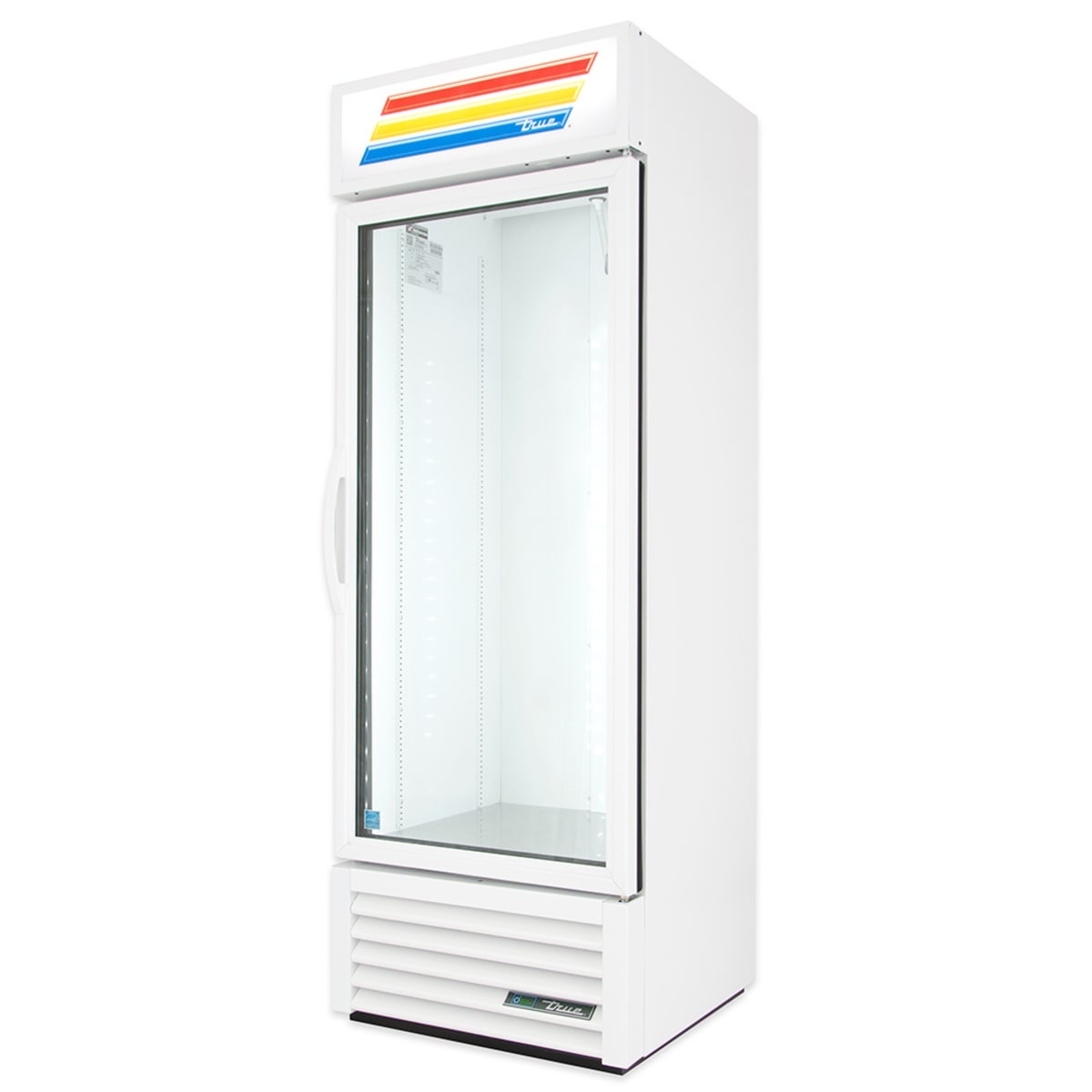 True GDM-19T-HC~TSL01 white one-section glass door merchandiser, angled front view showing closed swing door and illuminated sign panel