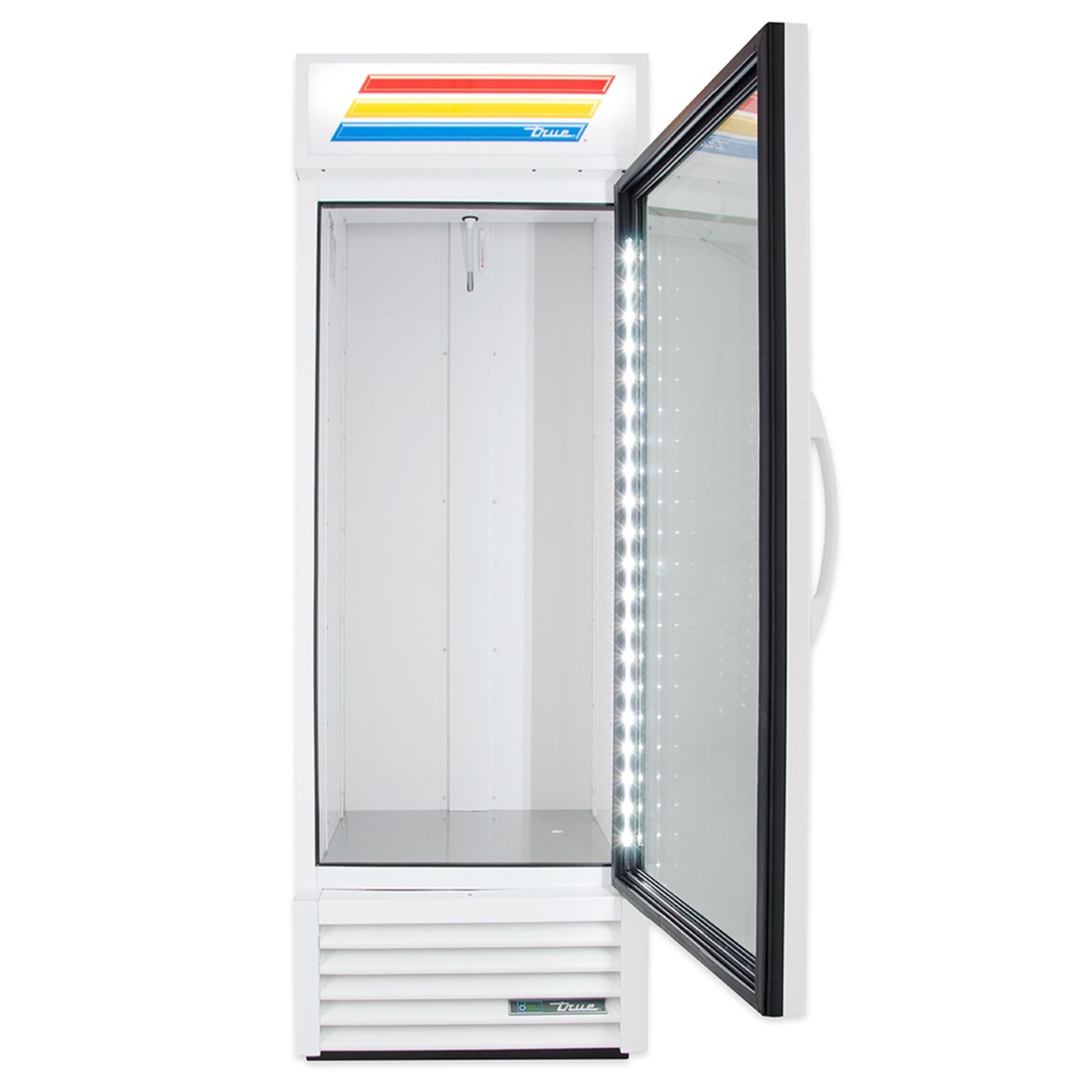 True GDM-19T-HC~TSL01 merchandiser with door open, showing bright white aluminum interior and LED strip lighting along the door frame