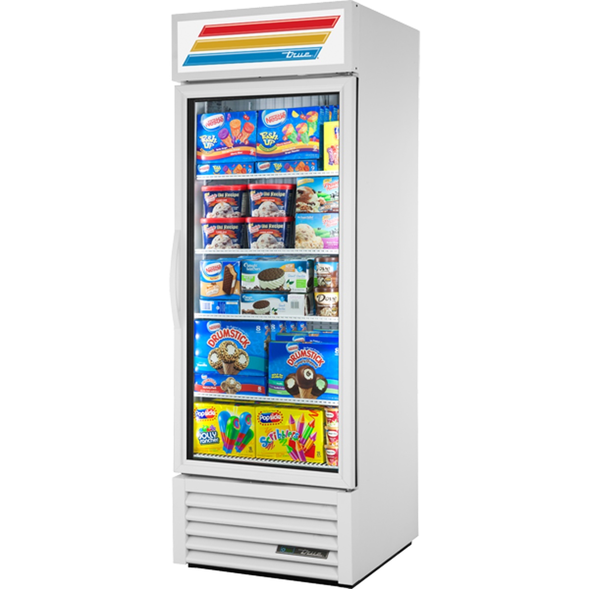 True GDM-23F-HC~TSL01 single-door glass freezer merchandiser stocked with frozen products on four adjustable shelves