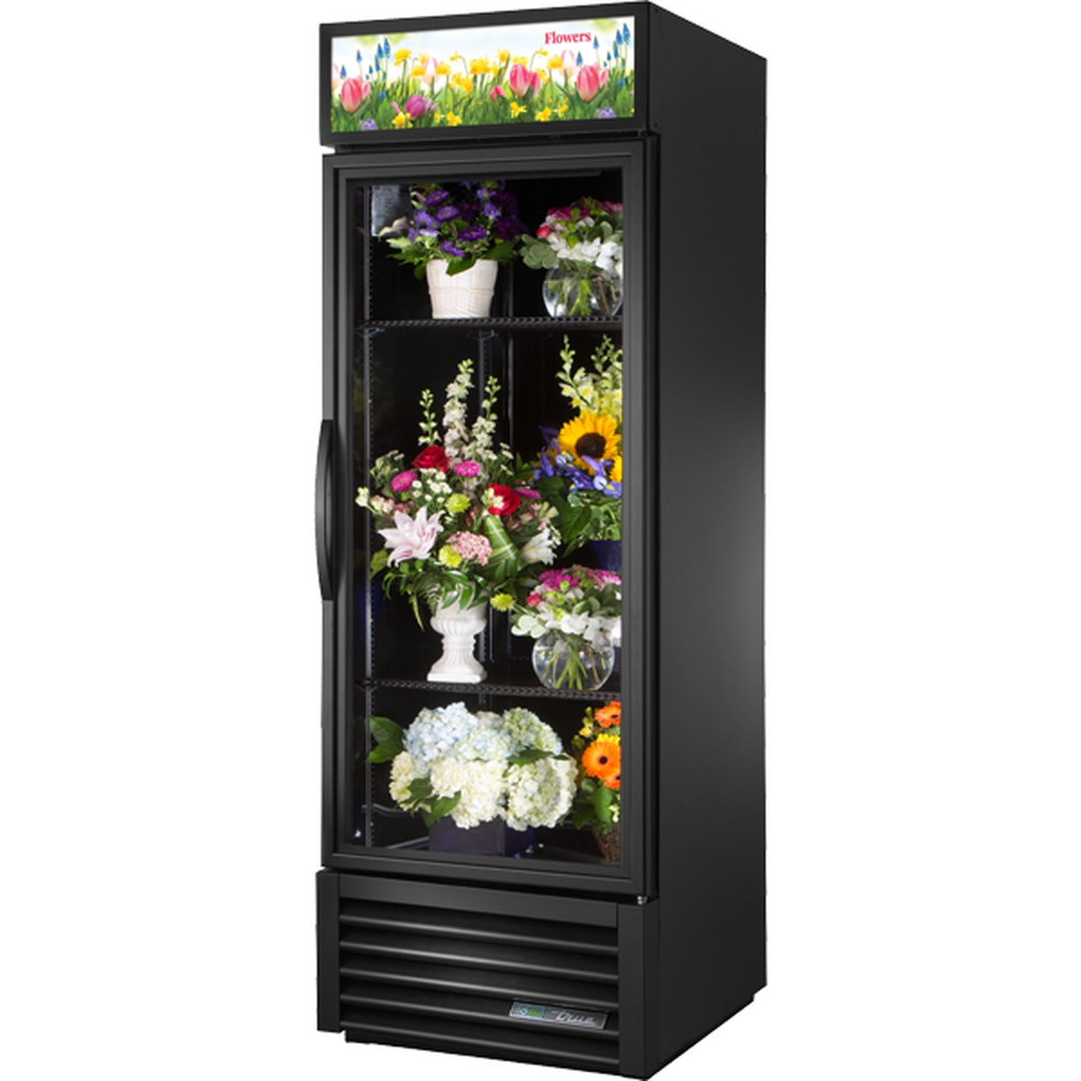 True GDM-23FC-HC~TSL01 black single-door floral merchandiser cooler with illuminated sign panel and flower displays on wire shelves