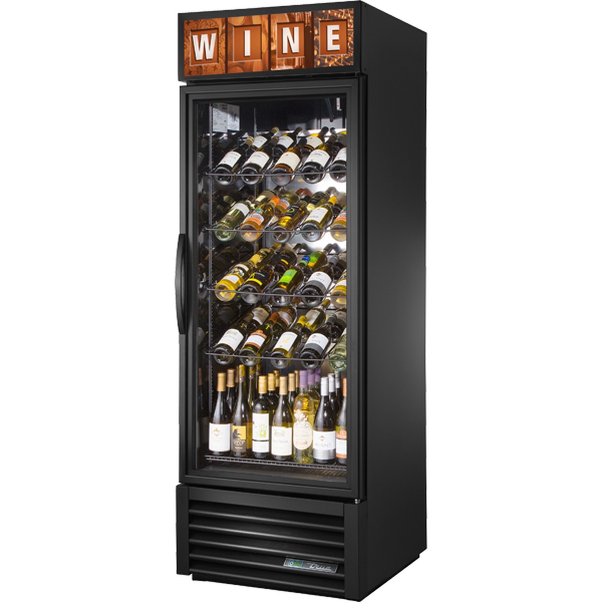 True GDM-23W-HC~TSL01 black wine merchandiser refrigerator with glass door displaying wine bottles on angled racks and an illuminated WINE sign panel on top