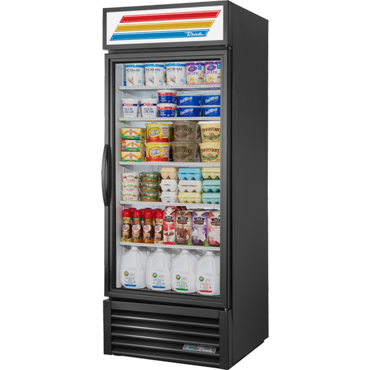 True GDM-26-SCI-HC~TSL01 single swing glass door merchandiser refrigerator with stainless steel exterior, stocked with dairy products across multiple wire shelves