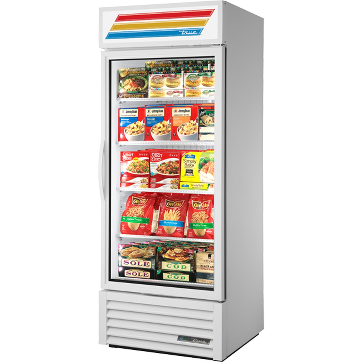 True GDM-26F-HC~TSL01 single-section glass door display freezer merchandiser stocked with frozen food products