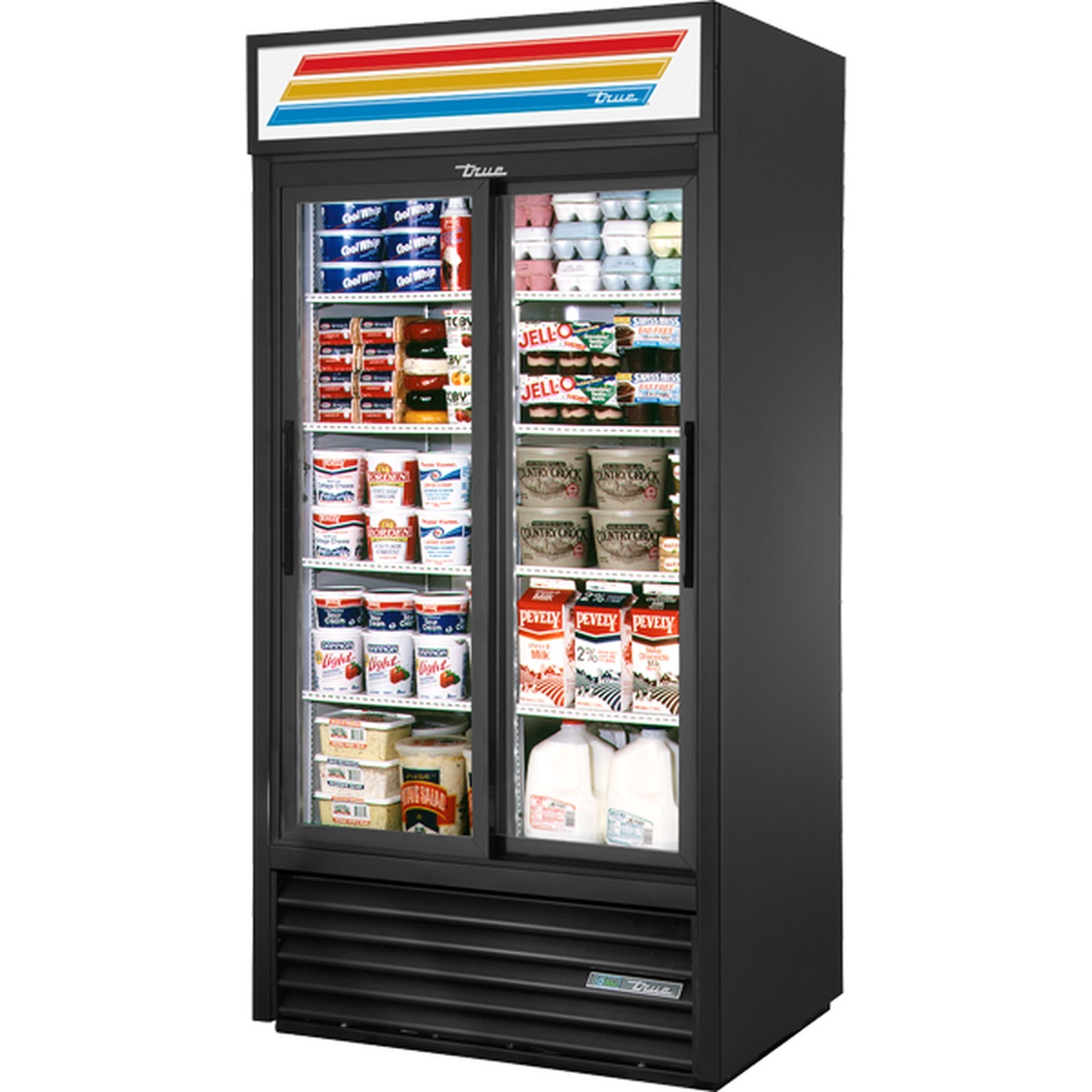 True GDM-33-HC-LD two-section sliding glass door merchandiser refrigerator stocked with dairy and packaged goods