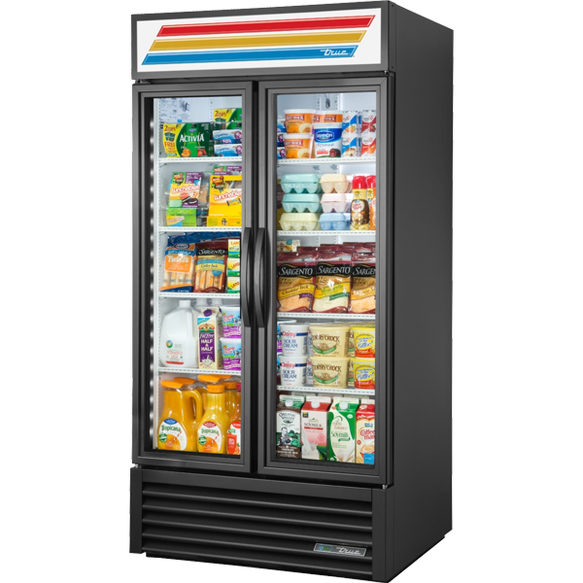 True GDM-35-HC~TSL01 two-door glass merchandiser refrigerator with black exterior and stocked shelves viewed from front angle