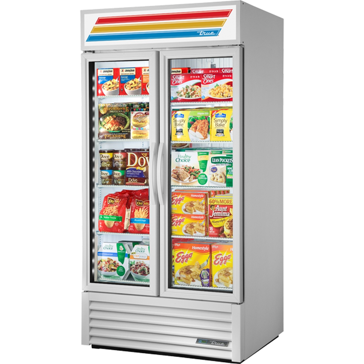 True GDM-35F-HC~TSL01 two-section glass door freezer merchandiser stocked with frozen food products