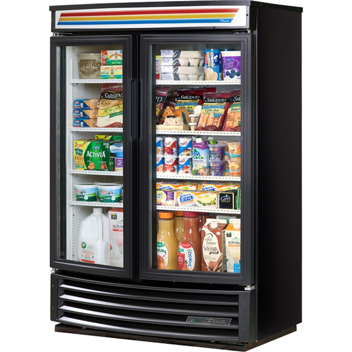 True GDM-35SL-RF-HC-LD two-section slim line radius front glass door merchandiser refrigerator loaded with dairy and beverage products