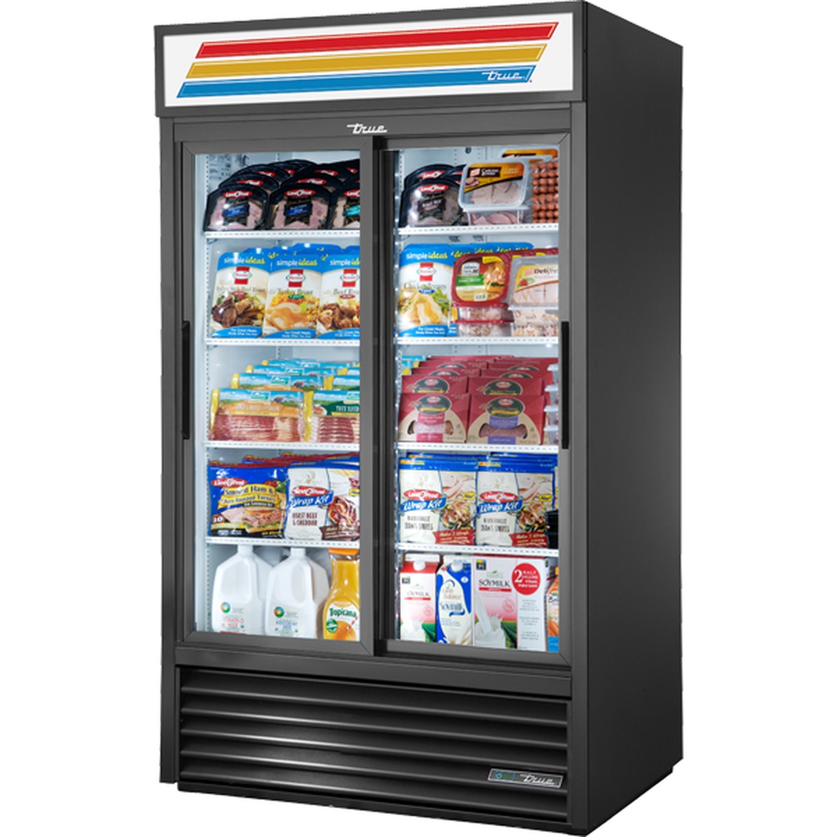 True GDM-41-HC-LD two-door sliding glass merchandiser refrigerator with black exterior and stocked interior shelves