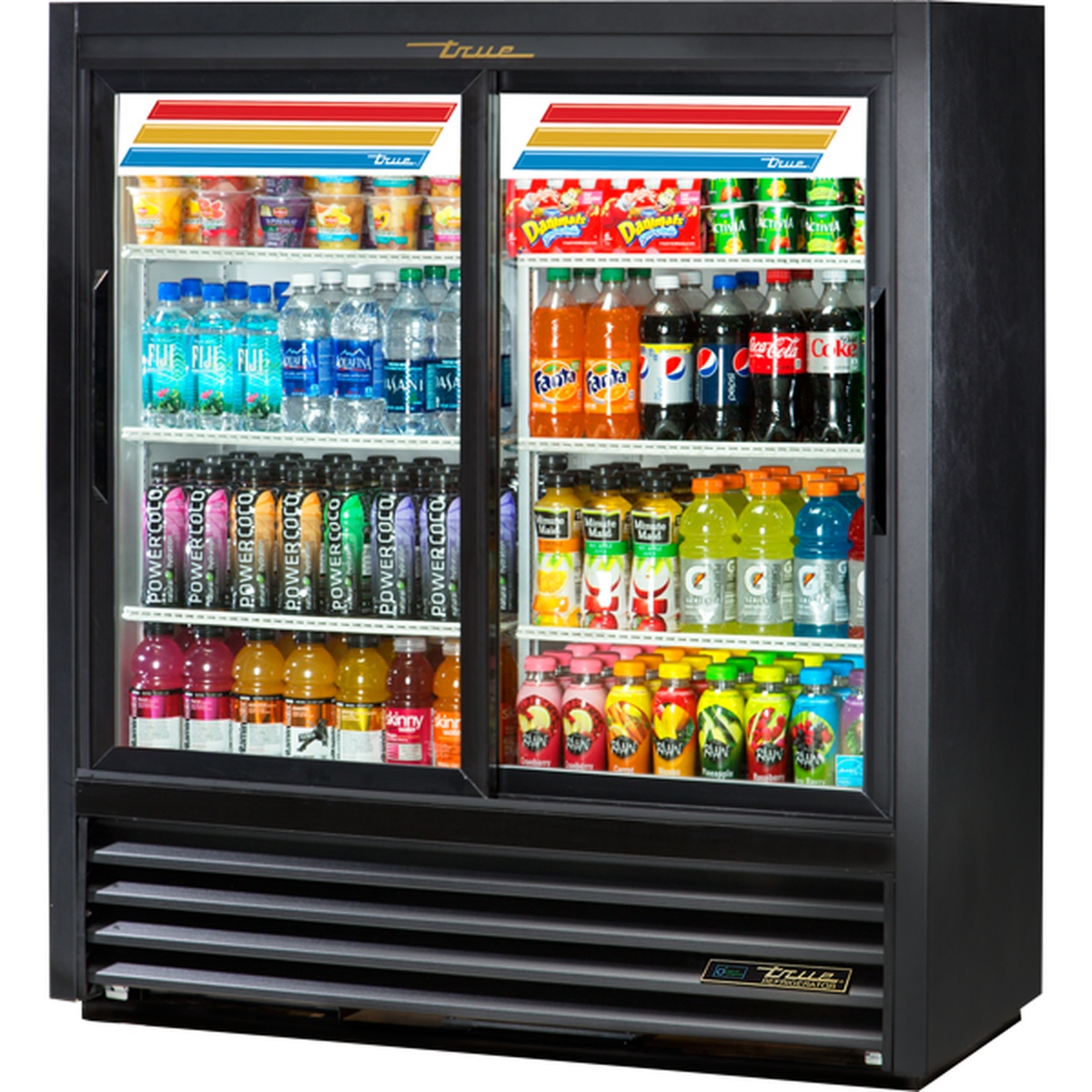 True GDM-41SL-54-HC-LD two-section black merchandiser refrigerator with sliding glass doors stocked with beverages
