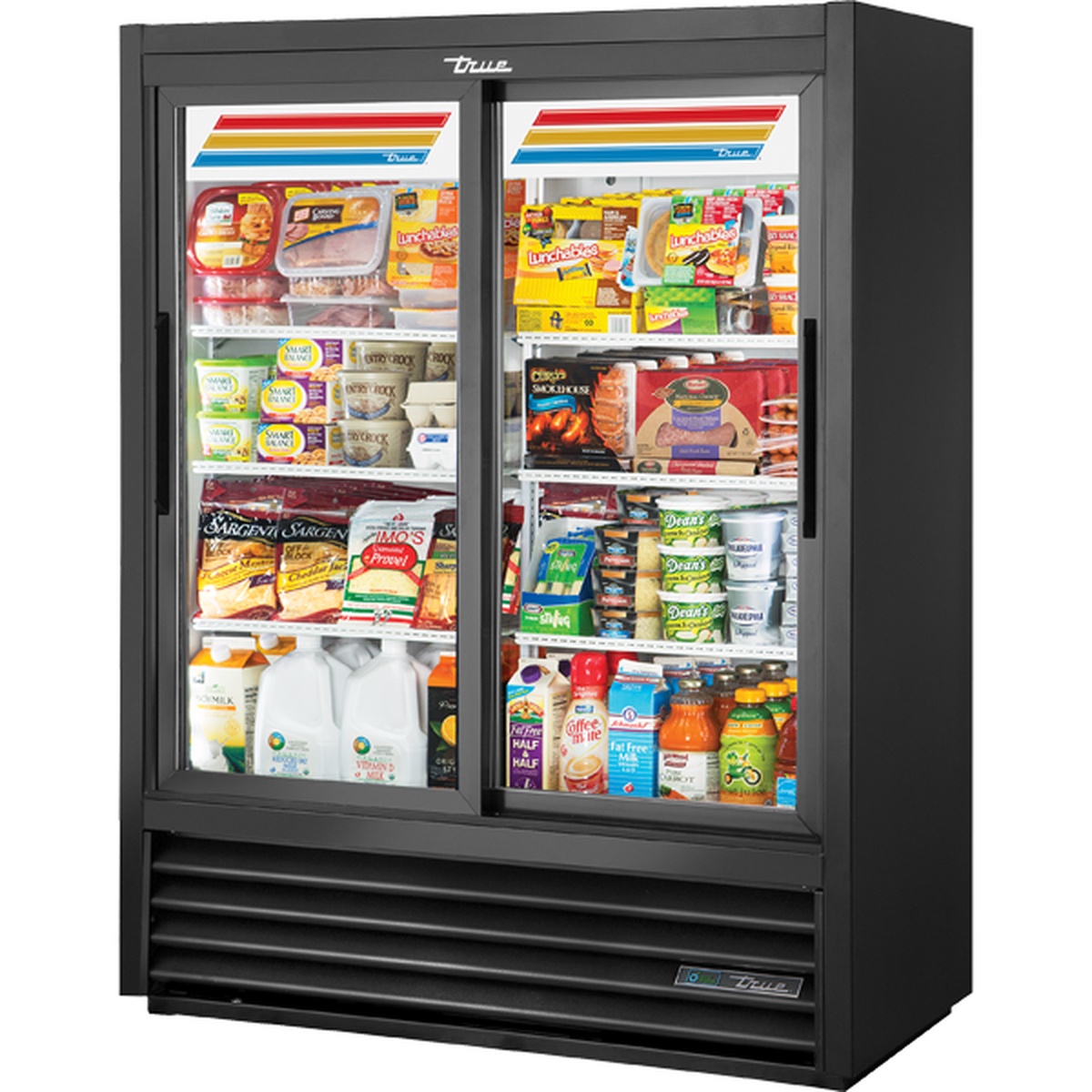 True GDM-41SL-60-HC-LD two-section sliding glass door merchandiser refrigerator with black exterior and LED-lit interior
