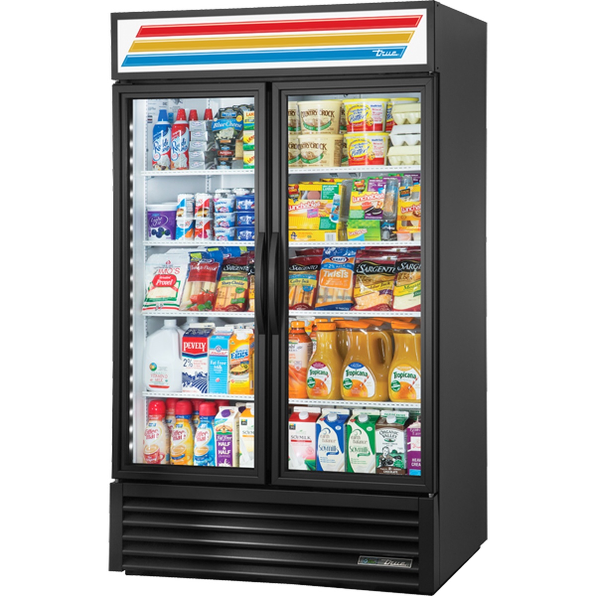 True GDM-43-HC~TSL01 two-swing-glass-door black merchandiser refrigerator stocked with dairy and beverage products