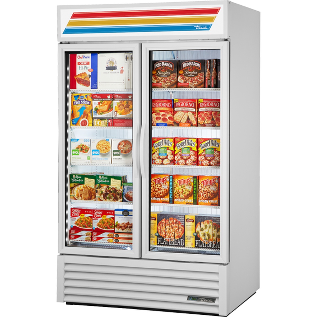 True GDM-43F-HC~TSL01 two-section glass door merchandiser freezer stocked with frozen food products on wire shelves