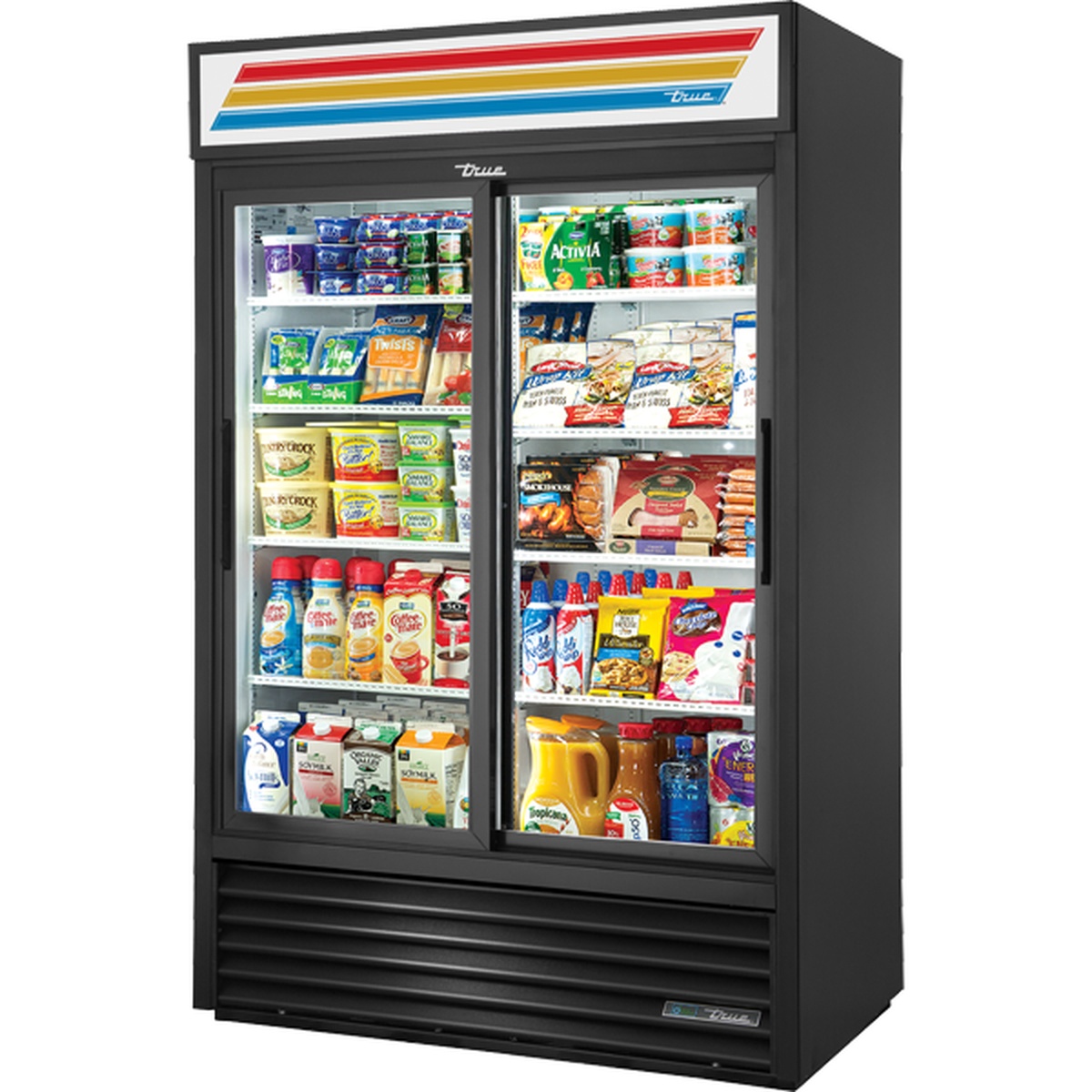 True GDM-45-HC-LD 52-inch 2-section glass slide door merchandiser refrigerator with black exterior, fully stocked with packaged food and beverages on multiple shelves