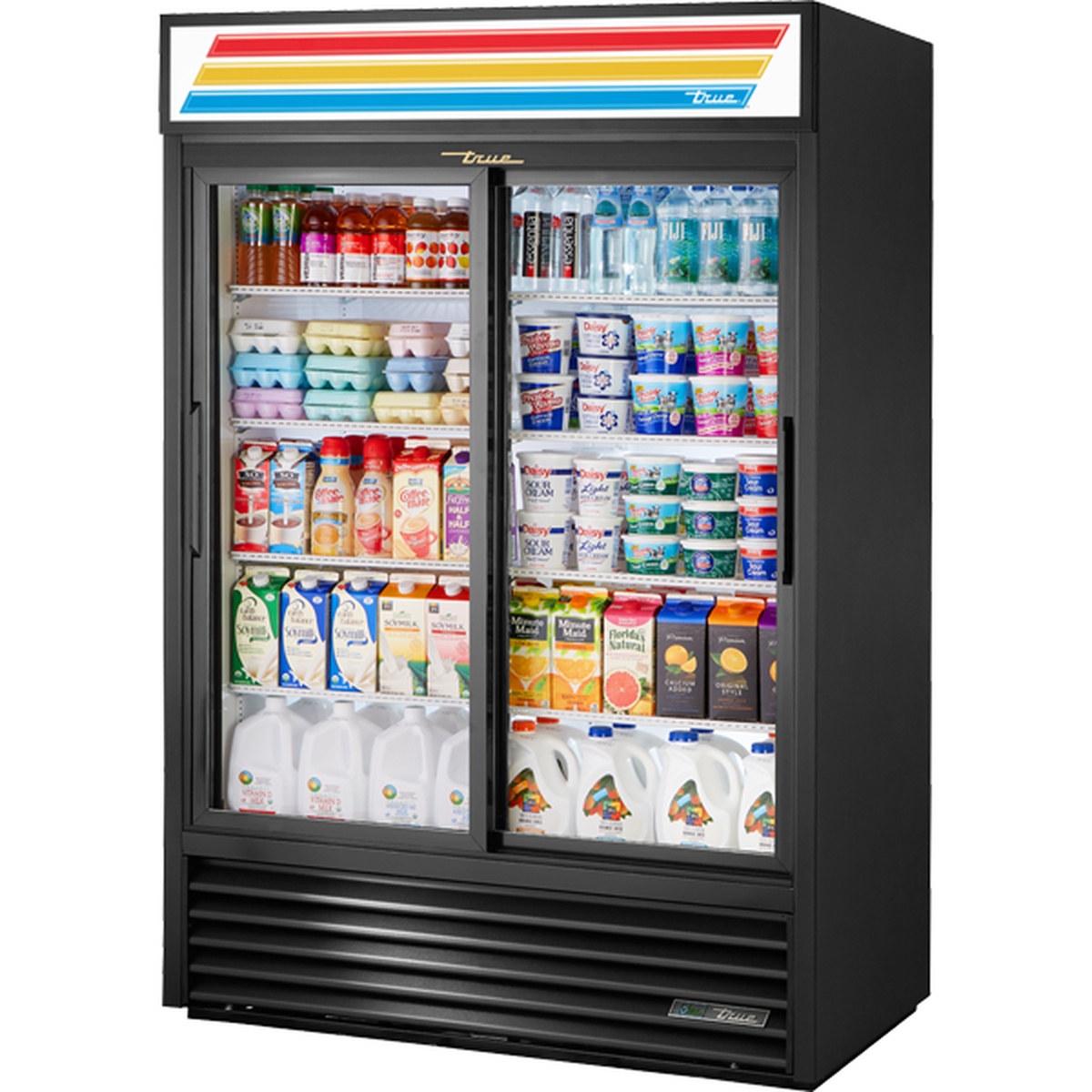 True GDM-47-HC-LD black two-section sliding glass door refrigerated merchandiser fully stocked with beverages and dairy products