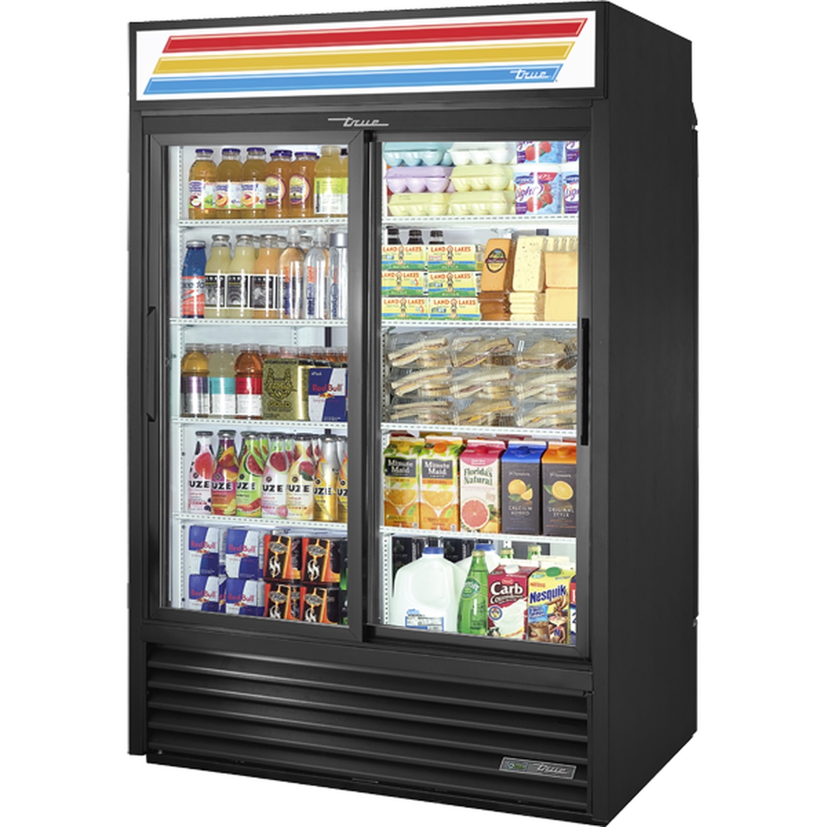 True GDM-47RL-HC-LD black rear-load sliding glass door merchandiser refrigerator stocked with beverages and food items