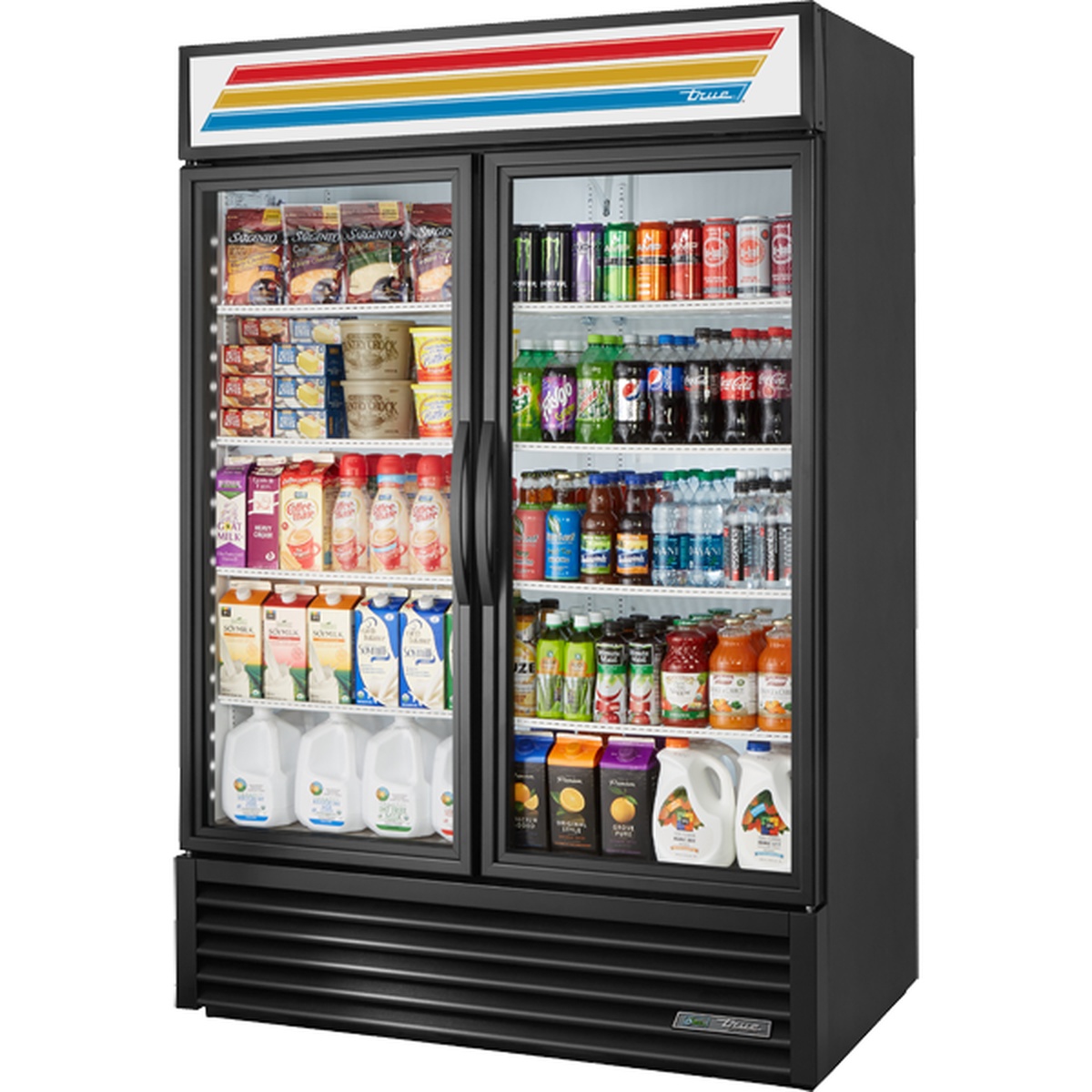 True GDM-49-HC~TSL01 two-section glass door merchandiser refrigerator with black powder-coated exterior and eight loaded shelves