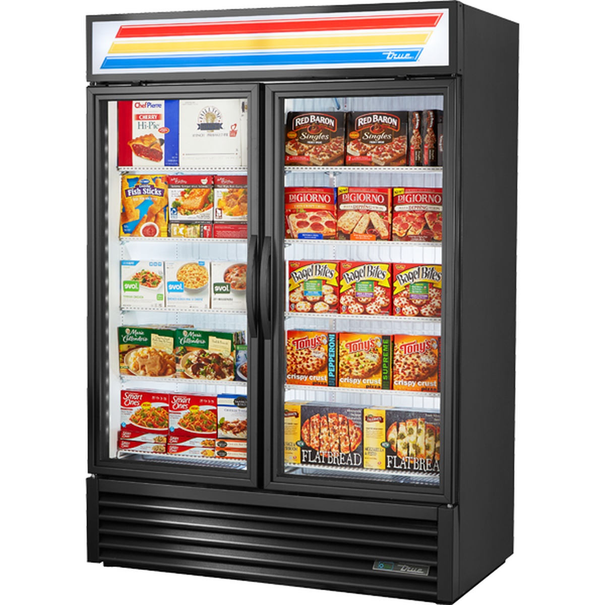 True GDM-49F-HC~TSL01 two-section glass door merchandiser freezer with black exterior, stocked with frozen food products across eight shelves