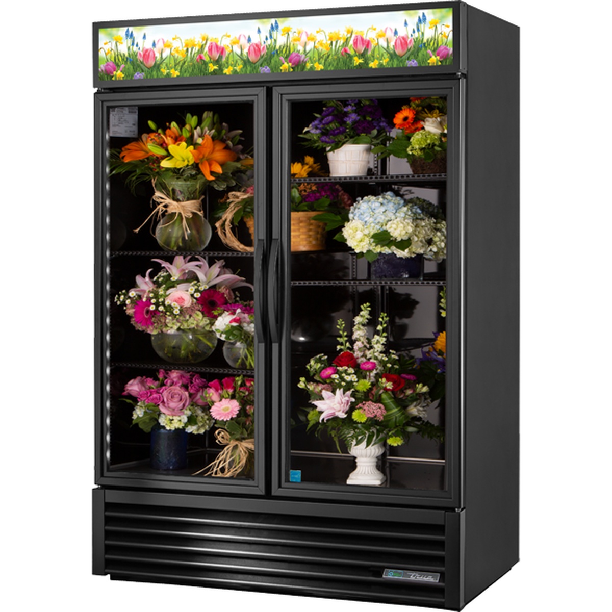 True GDM-49FC-HC~TSL01 black two-section floral cooler with double glass swing doors displaying fresh flower arrangements on adjustable shelves