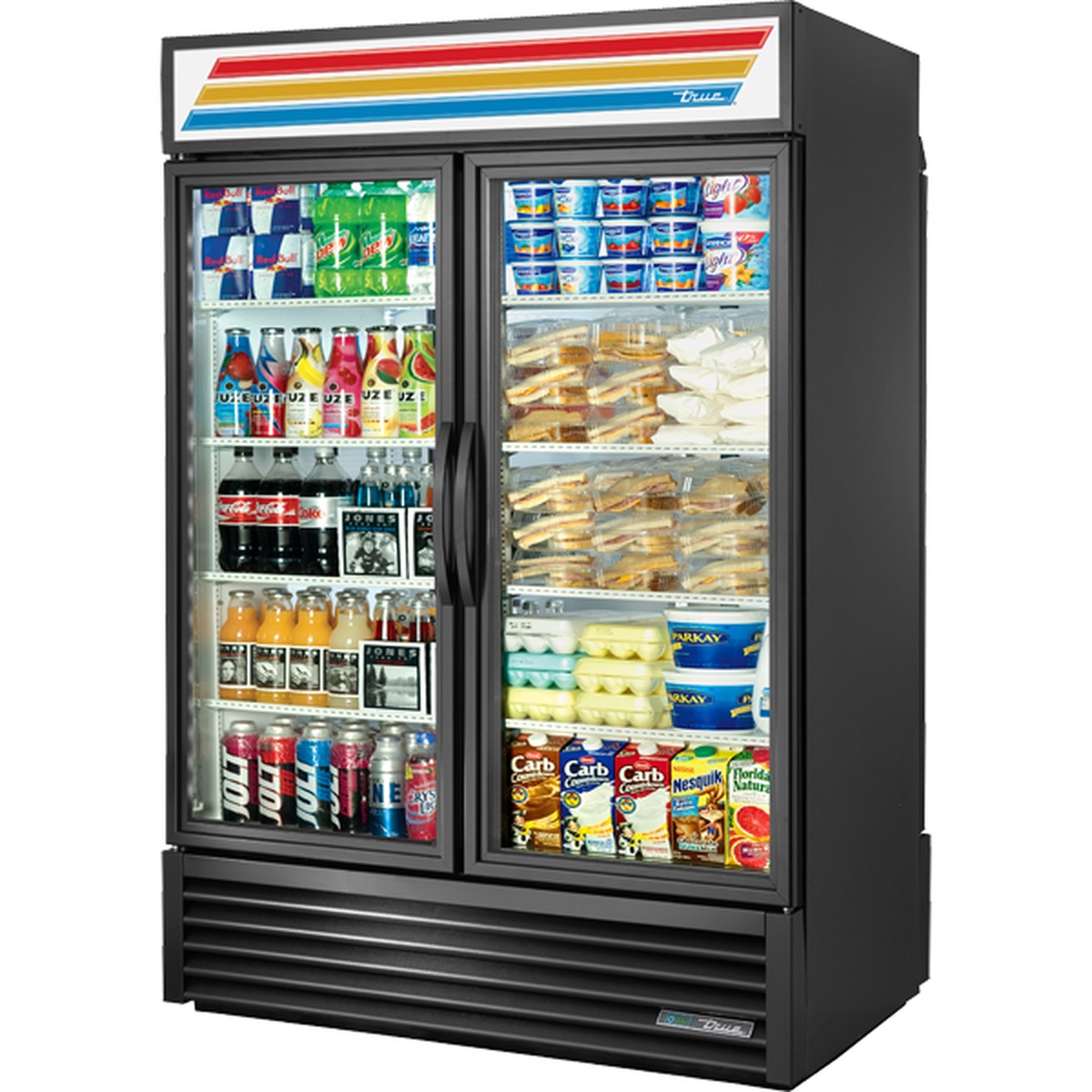 True GDM-49RL-HC~TSL01 two-section glass door merchandiser refrigerator loaded with beverages, sandwiches, and dairy products