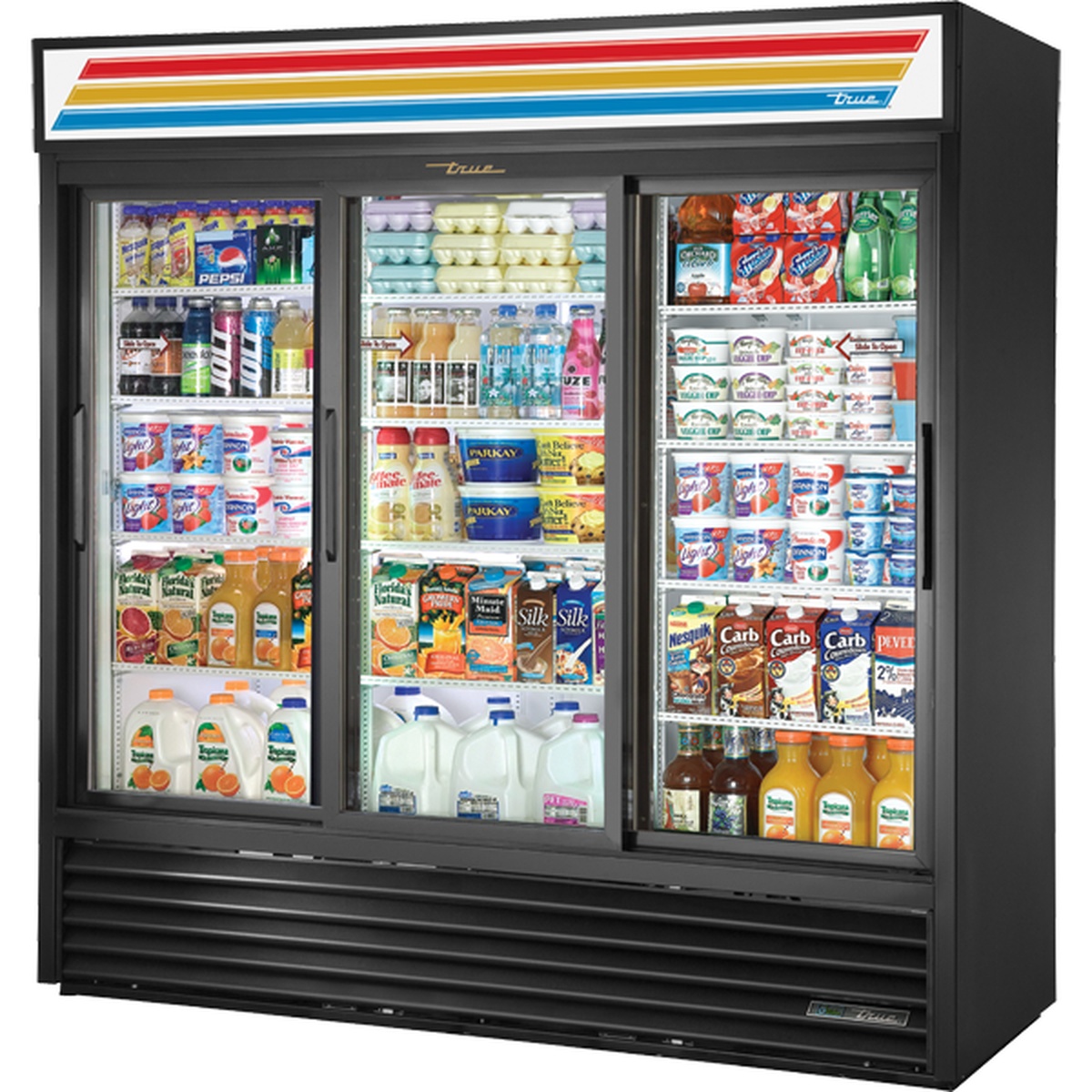 True GDM-69-HC-LD three-section black sliding glass door refrigerated merchandiser fully stocked with beverages and dairy products