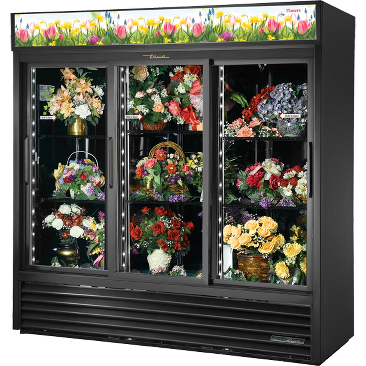 True GDM-69FC-HC-LD three-section black refrigerated floral cooler with sliding glass doors and LED-lit interior displaying flower arrangements