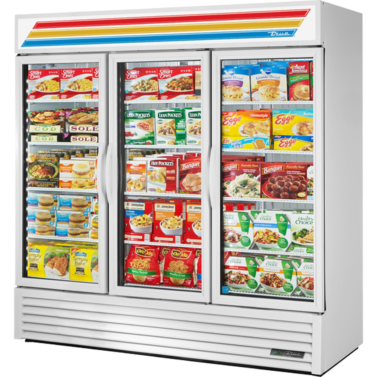 True Manufacturing GDM-72F-HC~TSL01 three-section glass door freezer merchandiser stocked with frozen food products