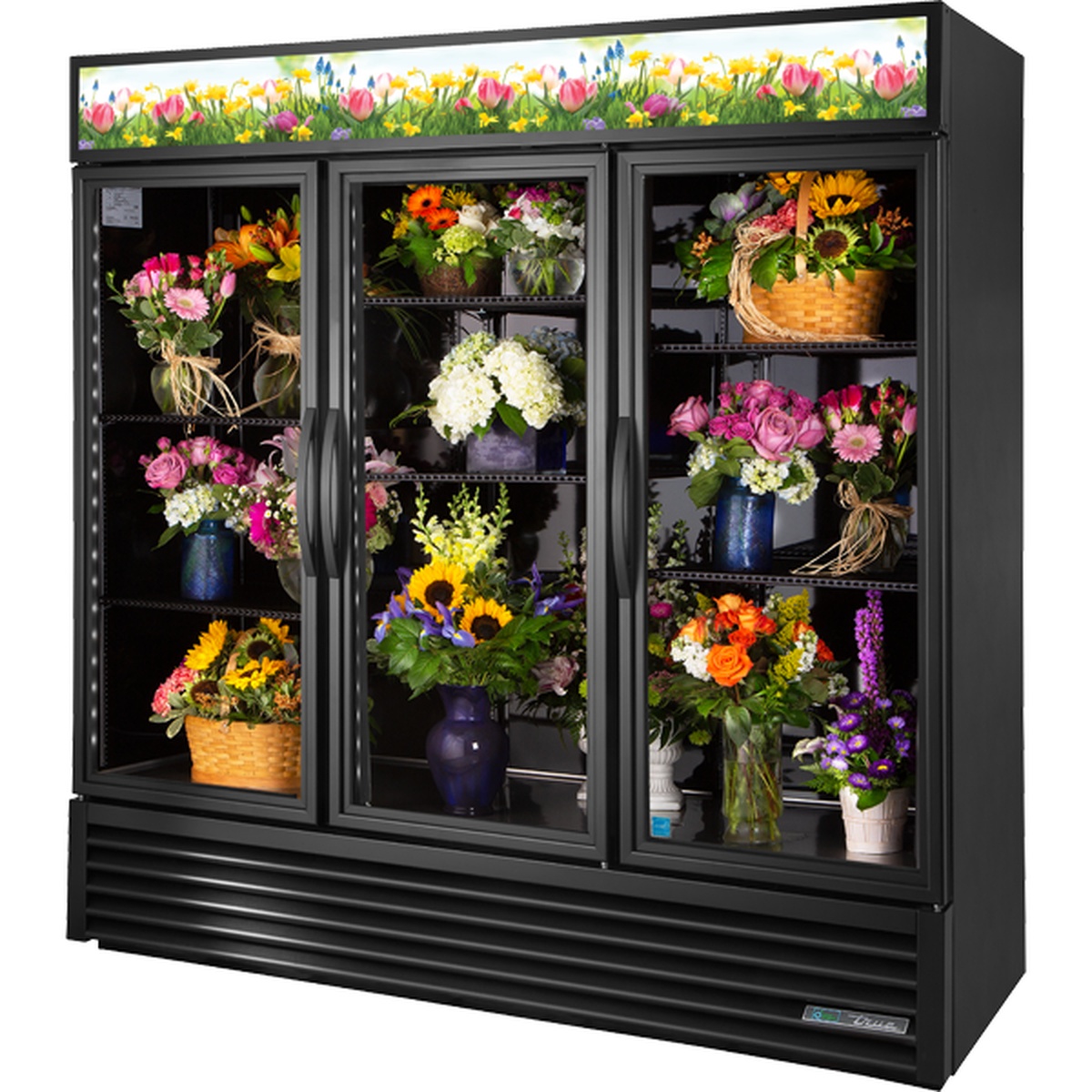 True GDM-72FC-HC~TSL01 three-section black floral merchandiser cooler with glass swing doors and illuminated sign panel