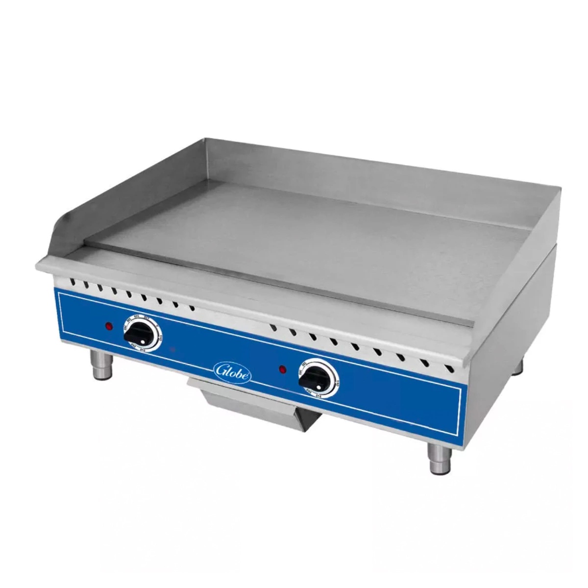 Angled view of Globe GEG24 24 inch electric countertop griddle showing polished cooking surface and front controls