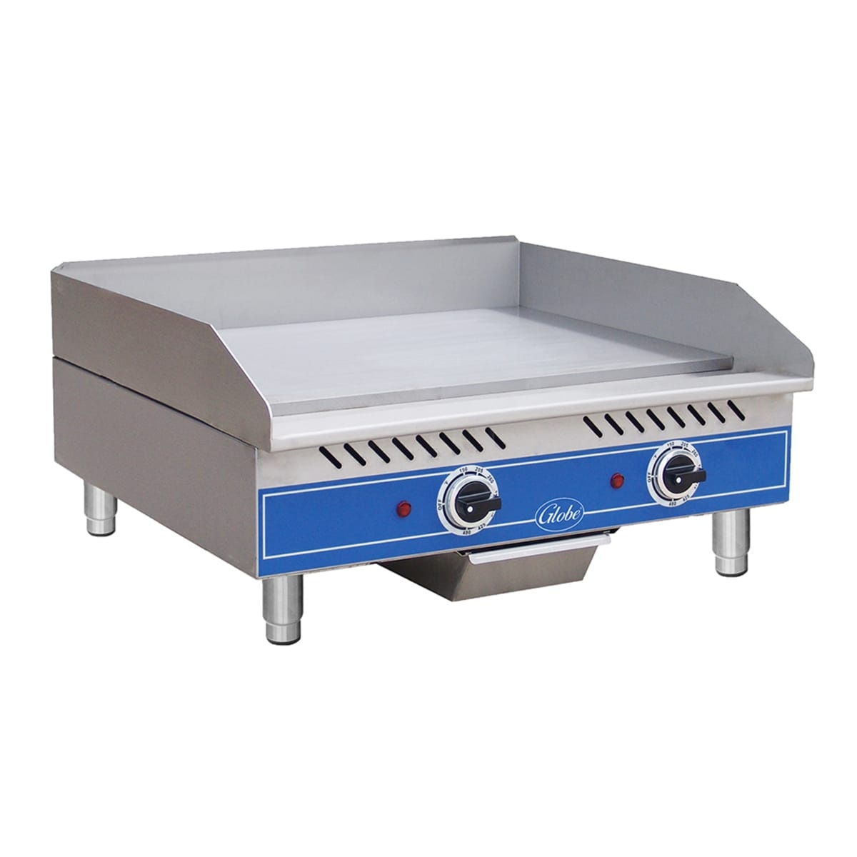 Globe GEG24 countertop electric griddle with splash guards and dual thermostatic knobs