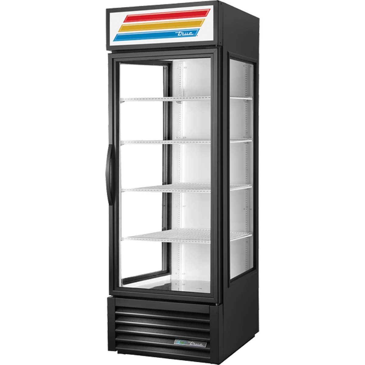 True GEM-23-HC~TSL01 single-section black glass door merchandiser refrigerator with four adjustable shelves and illuminated top sign panel