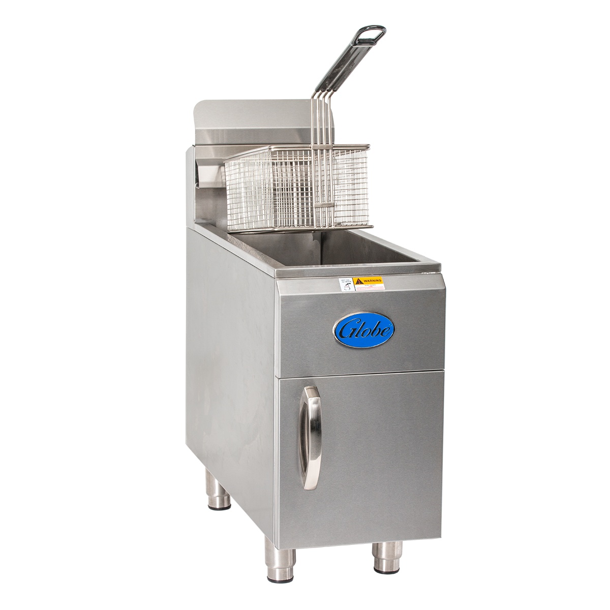 Globe GF15G countertop fryer angled view showing stainless steel body and frypot