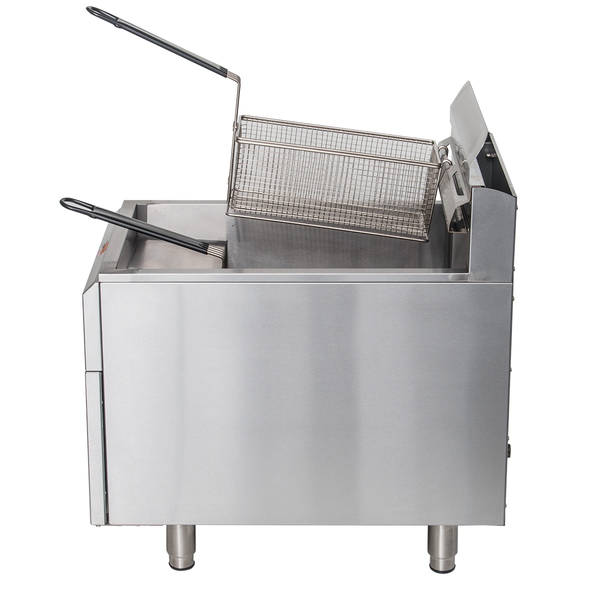 Globe GF30G gas fryer side view showing stainless steel fry pot and basket tilted over vat