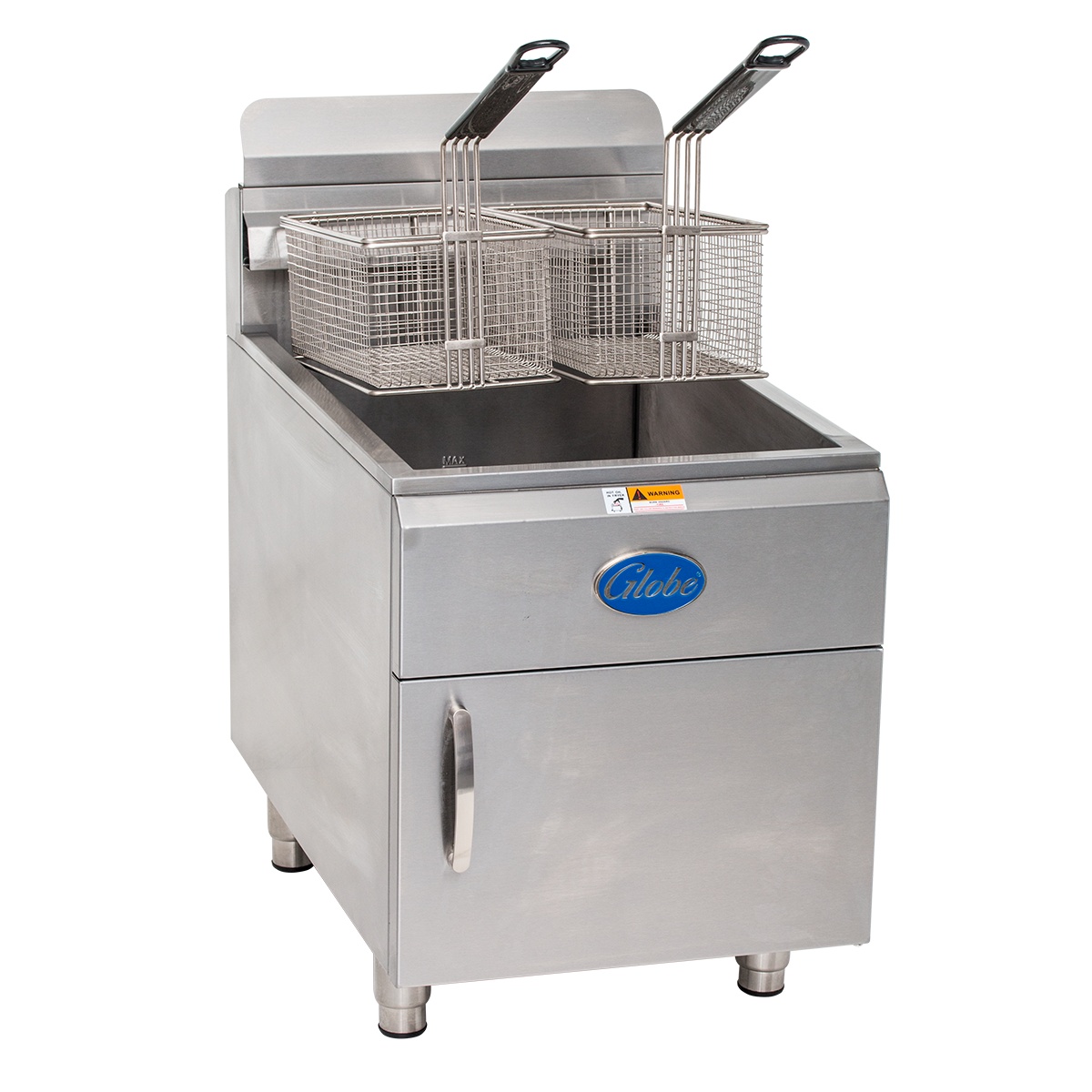 Globe GF30G countertop gas fryer angled view with two nickel-plated fry baskets resting in vat