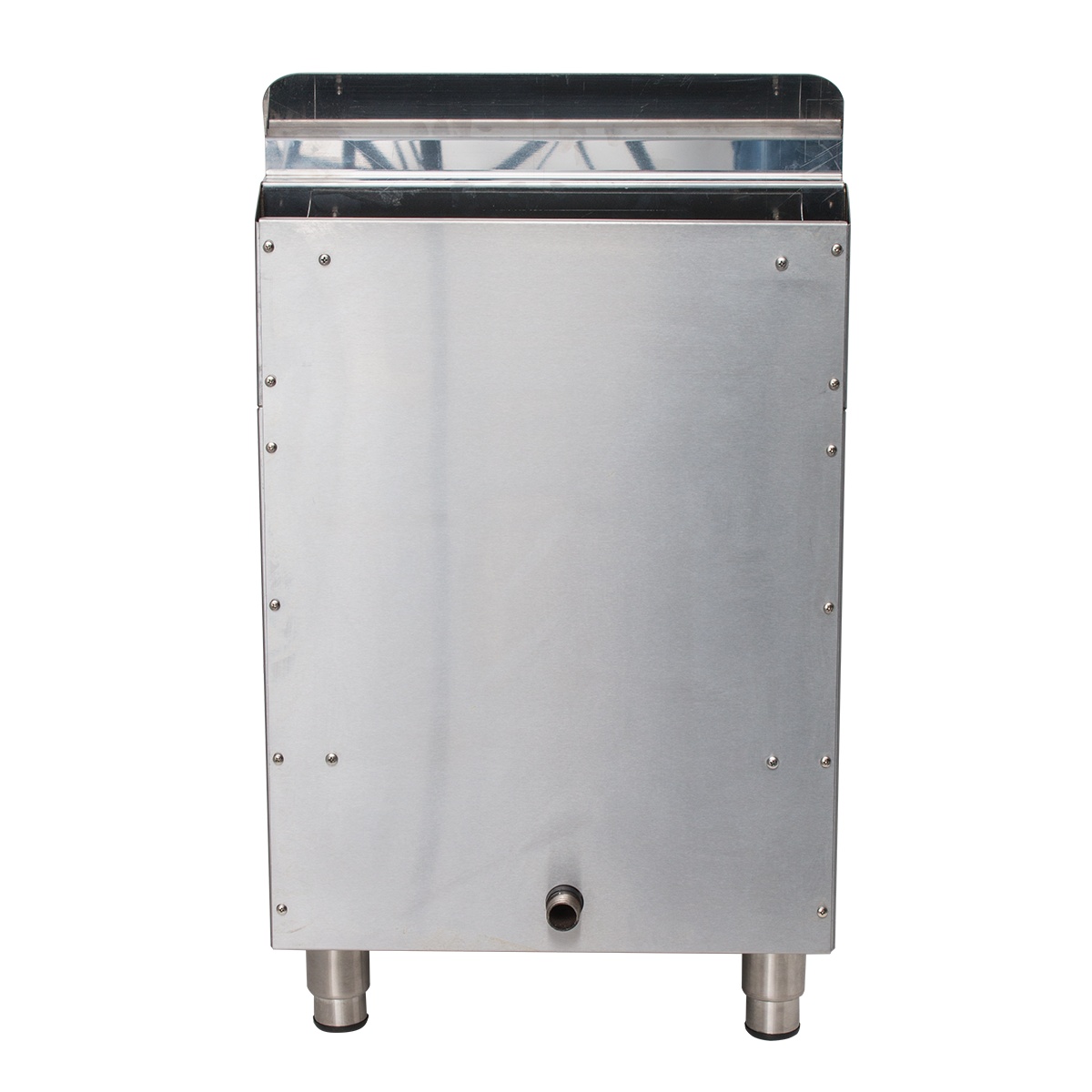 Globe GF30G gas fryer rear view showing gas inlet connection, flue deflector, and adjustable stainless steel legs