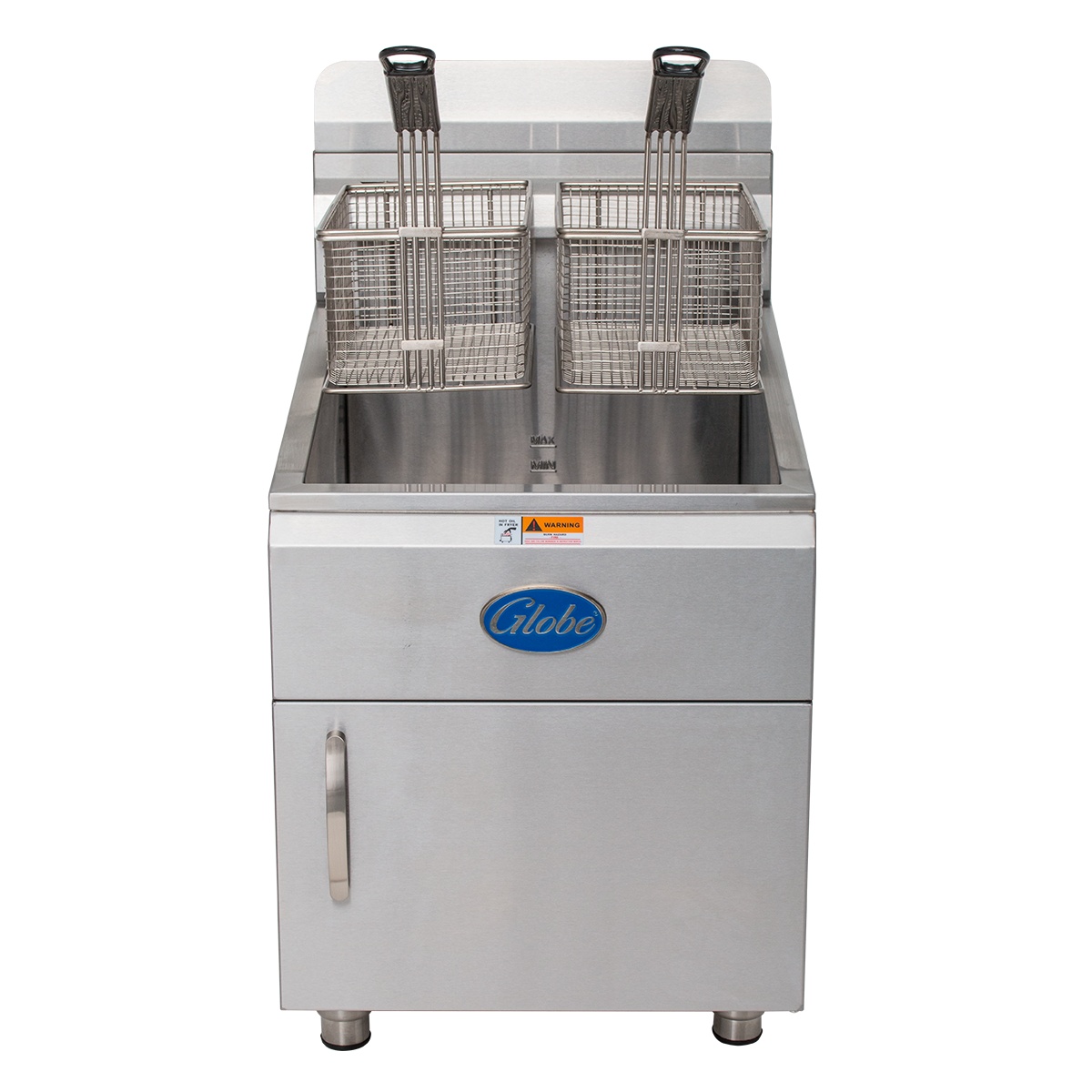 Globe GF30G countertop gas fryer front view showing two fry baskets with insulated handles and Globe branding