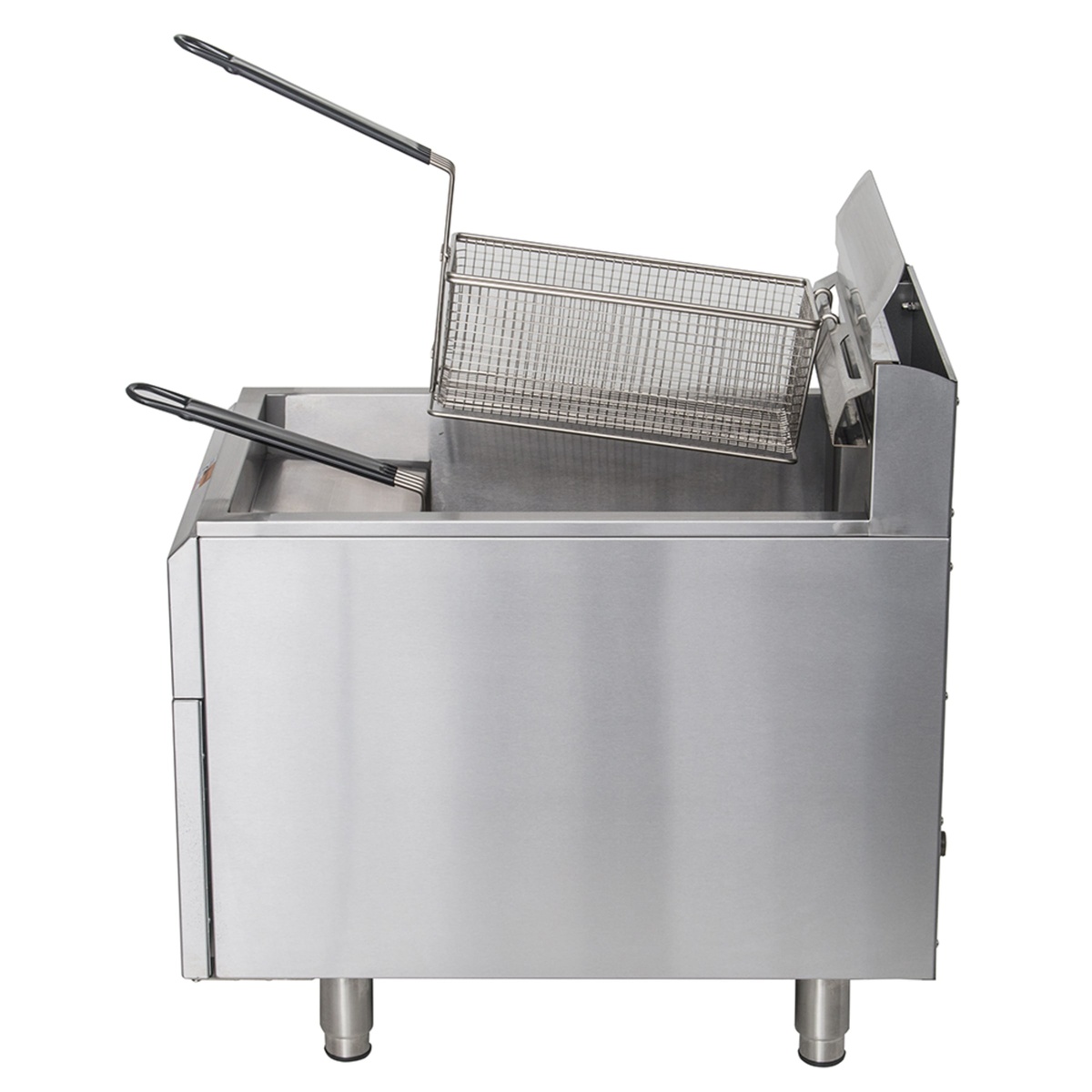 Side view of Globe GF30PG fryer showing stainless steel body and basket handle