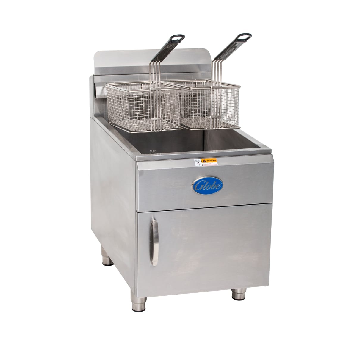 Front view of Globe GF30PG countertop fryer with two fry baskets