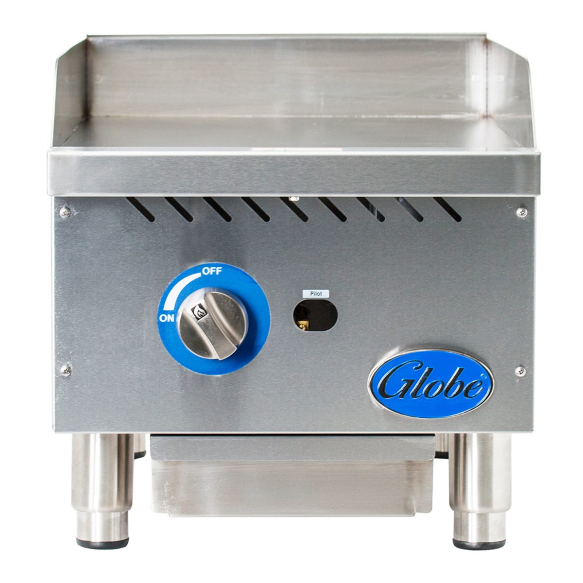 Front view of Globe GG15G gas griddle with control knob