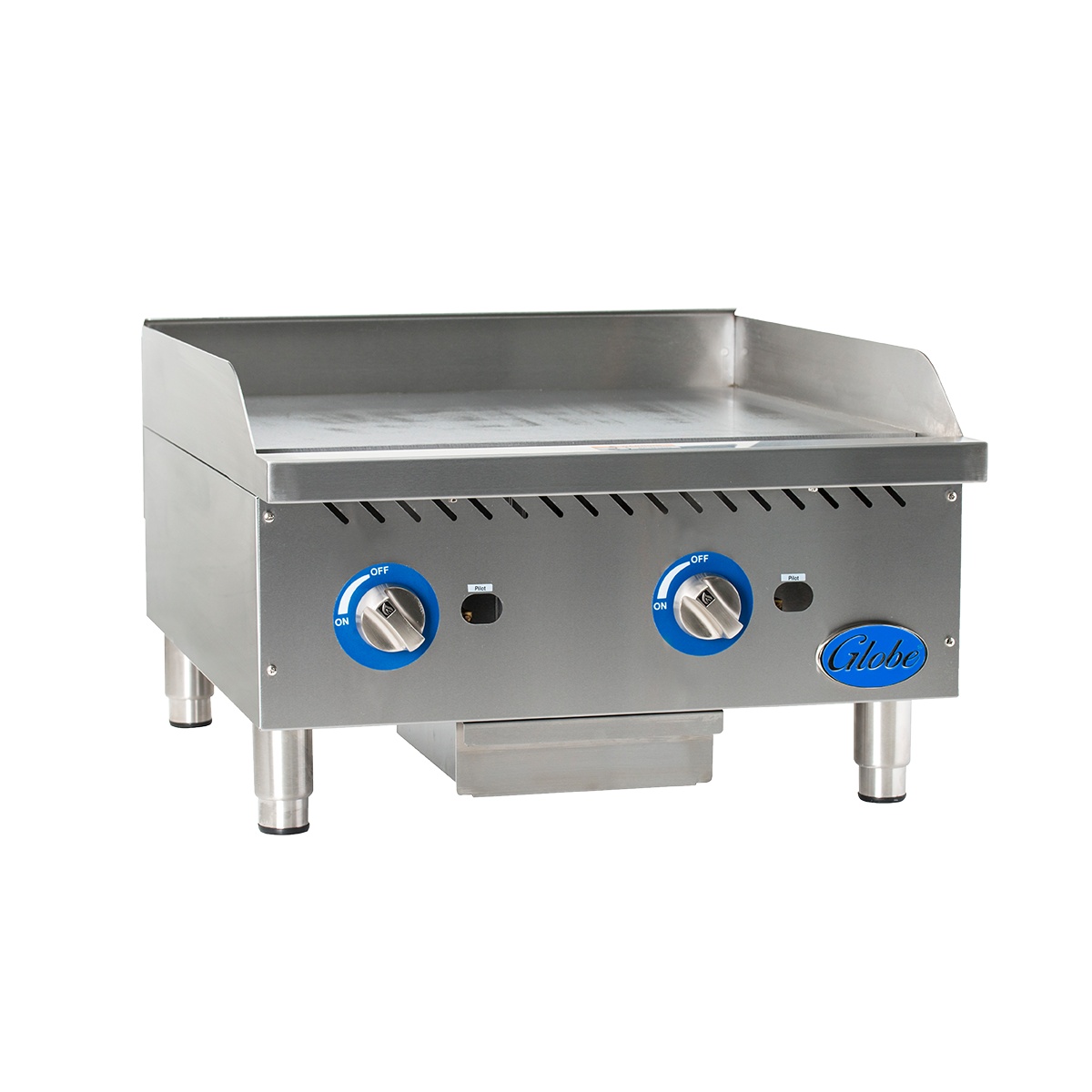 Angled front view of Globe GG24G griddle highlighting control panel and grease tray